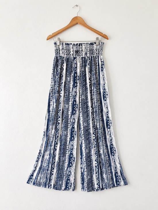 Cali1850 Pants - Blue White Linen Blend Boho Palazzo Pants Smocked Waist Medium Beach CALI1850